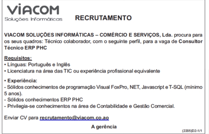 Vaga para Consultor Técnico ERP PHC 