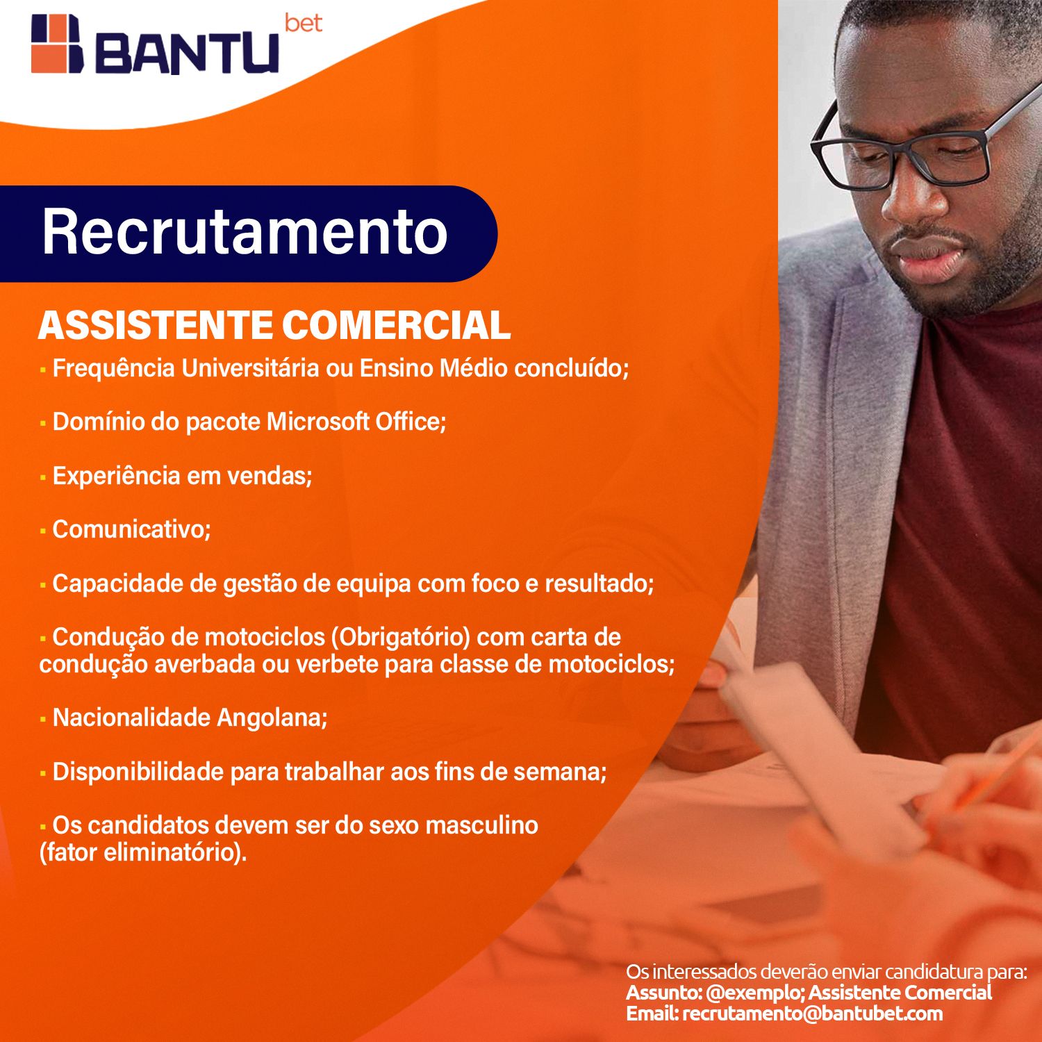 Vaga para Assistente Comercial na Bantubet