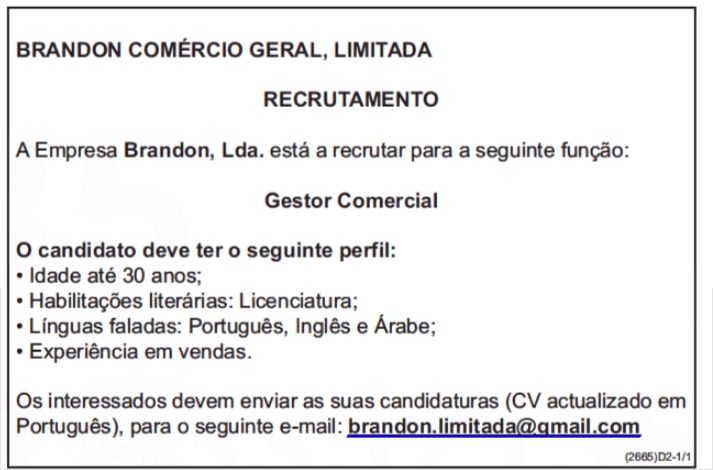 VAGA PARA GESTOR COMERCIAL