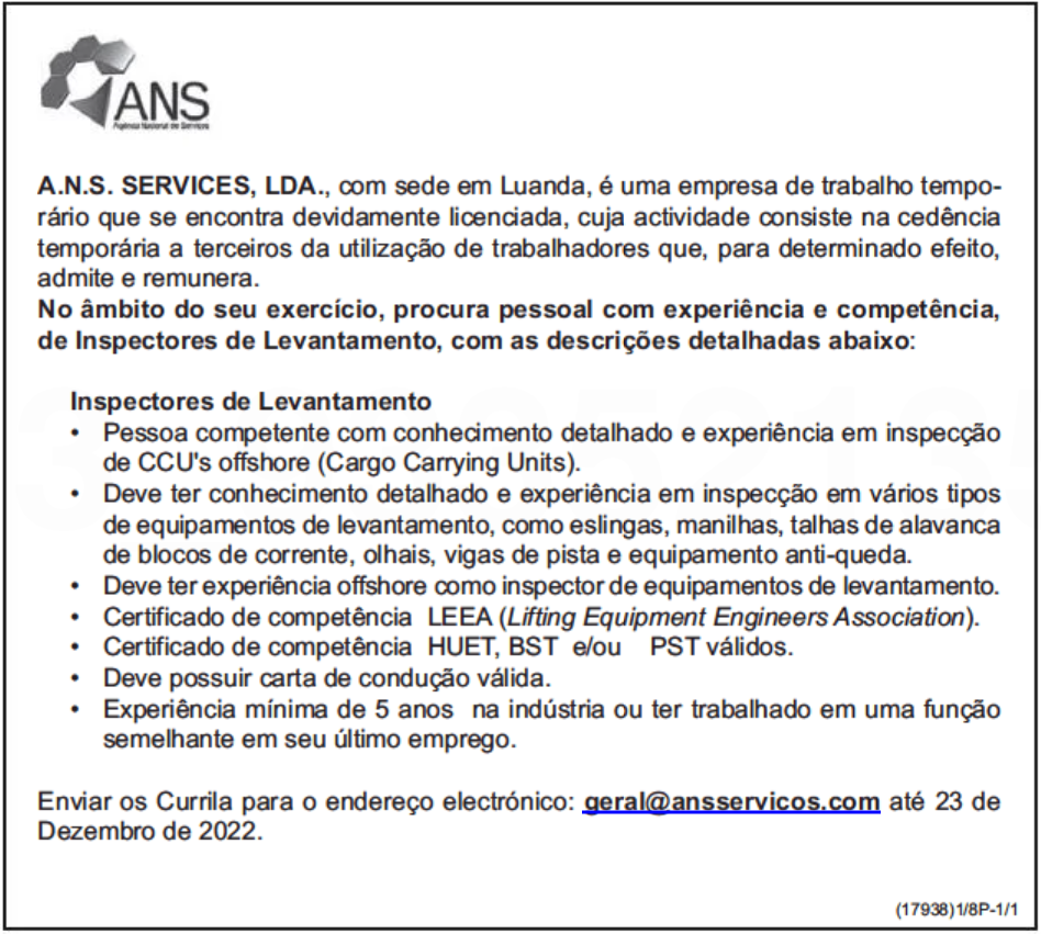 Vaga Para Inspectores De Levantamento 