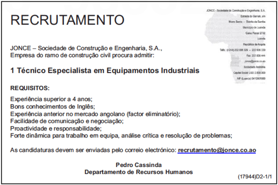 Vaga Para Um (1)  Técnico Especialista Em Equipamentos Industriais 