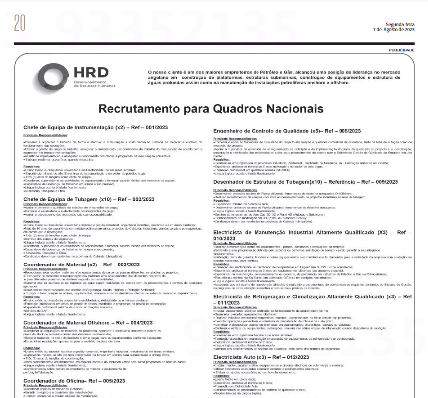 Mais de 100 Vagas na HRD Angola