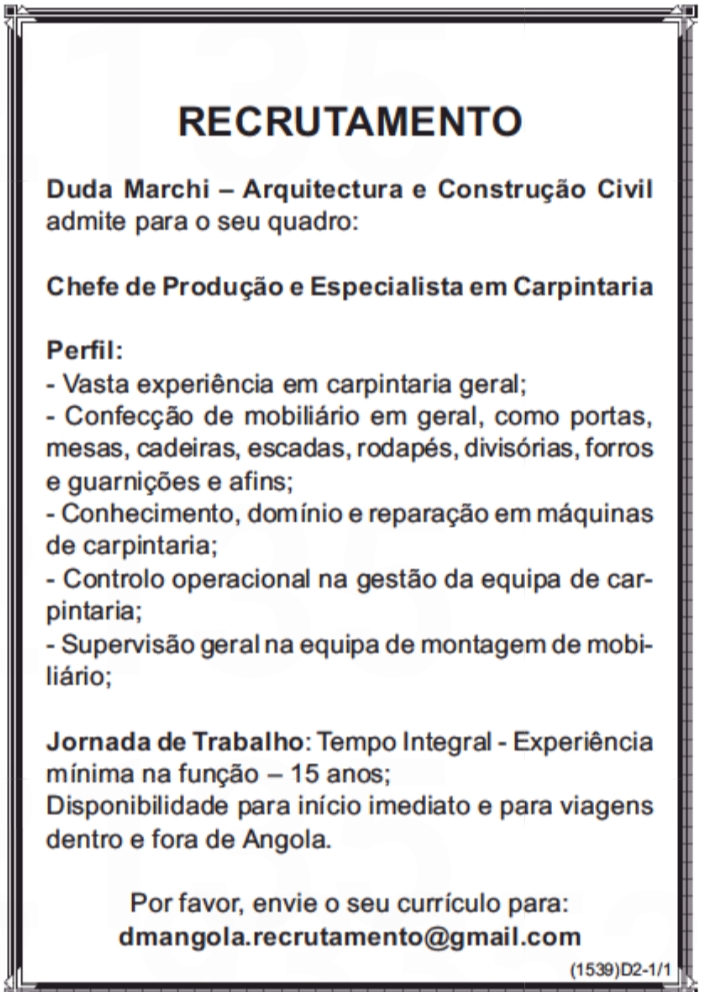Oportunidade para Chefe de Produção e Especialista em Carpintaria 