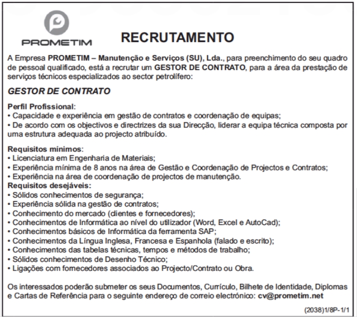 VAGA PARA GESTOR DE CONTRATO 