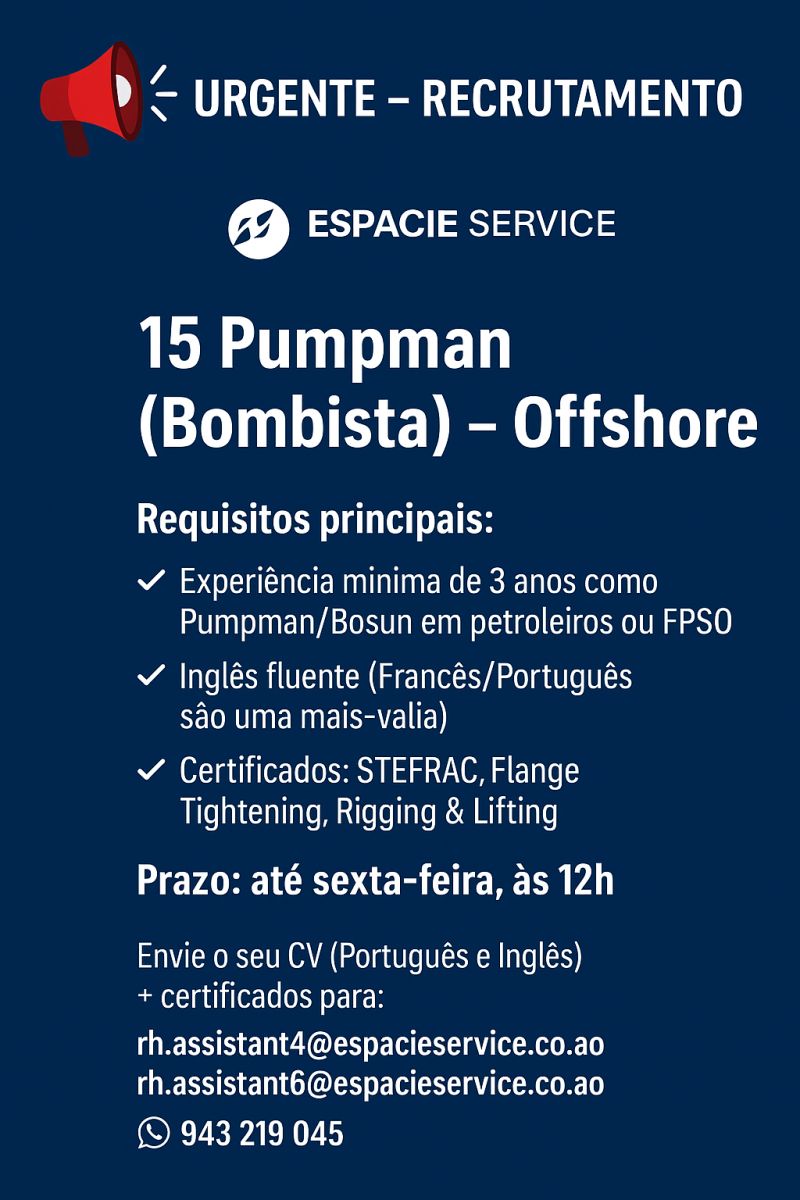 Vaga para 15 Pumpman (Bombista) – Offshore