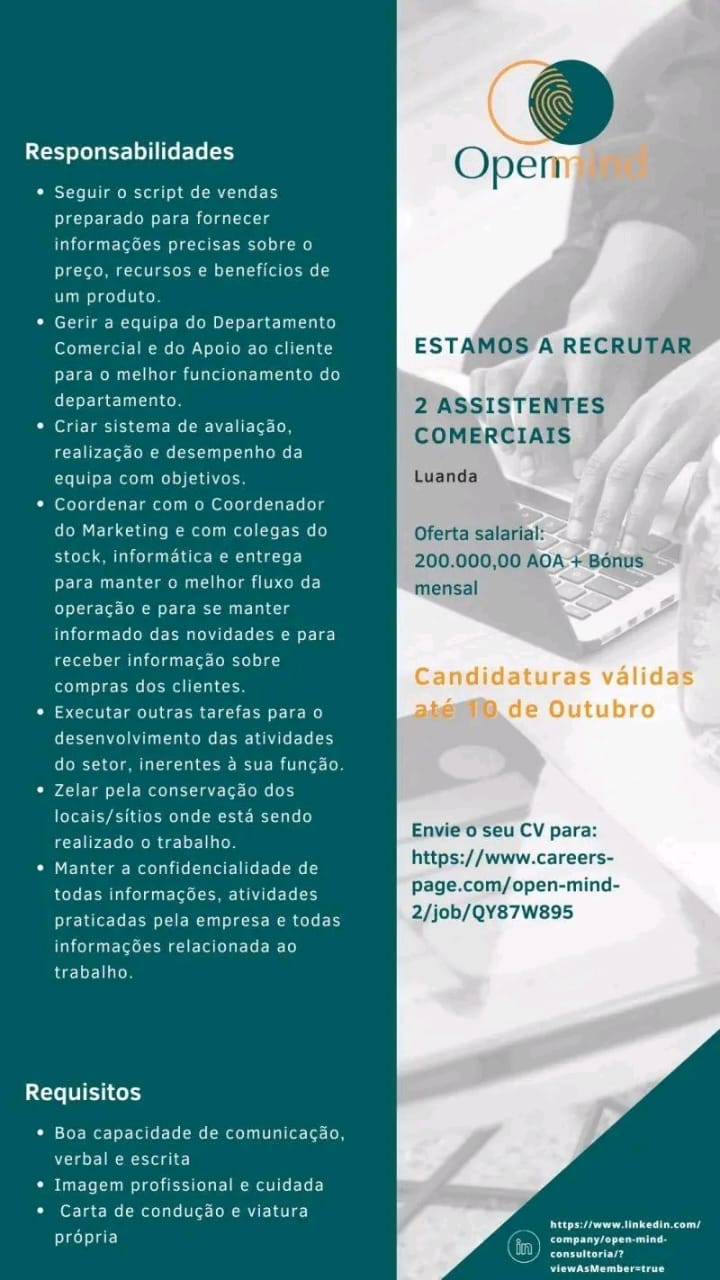ABERTAS DUAS (2) VAGAS PARA ASSISTENTES COMERCIAIS 