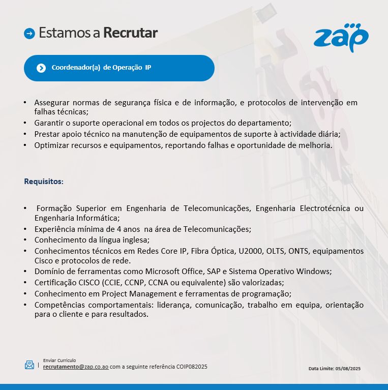 Vaga para Coordenador(a) de Operação IP