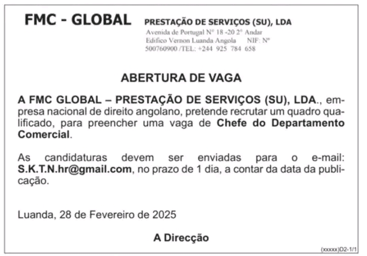 Vaga para Chefe do Departamento Comercial