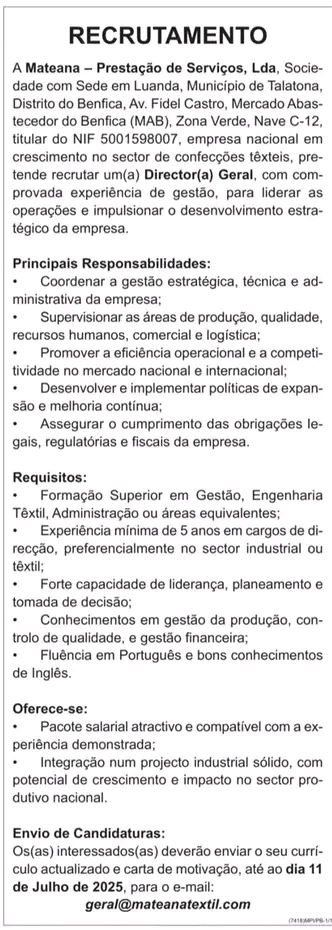 Vaga para um(a) Director(a) Geral 