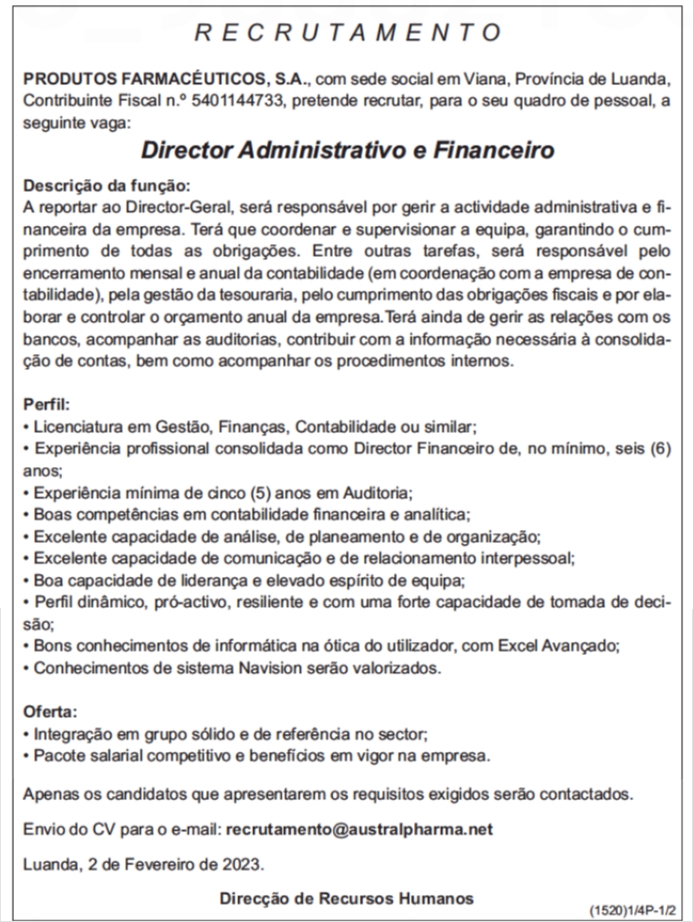 Vaga para Director Administrativo e Financeiro 