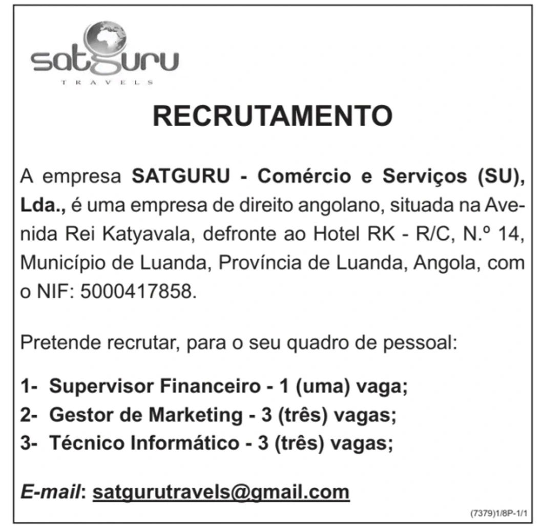 Sete (7) Vagas Disponíveis (Informático, Gestor de Marketing e Supervisor Financeiro)
