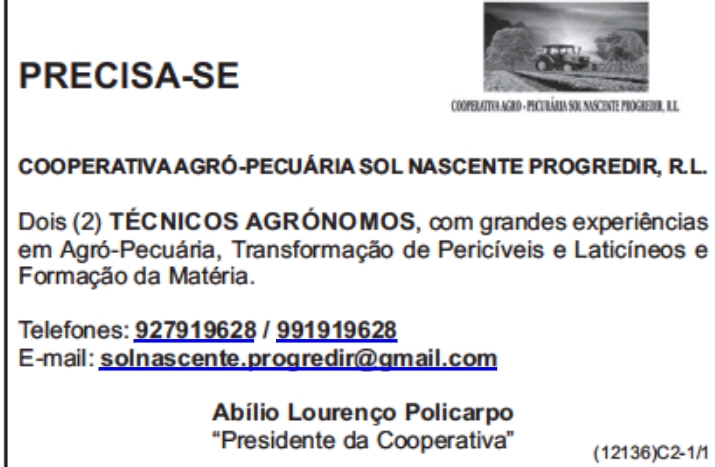 VAGA PARA DOIS  (2) TÉCNICOS AGRÓNOMOS