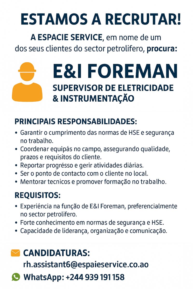 E&I Foreman (Chefe de Eletricidade & Instrumentação) – Sector Petrolífero