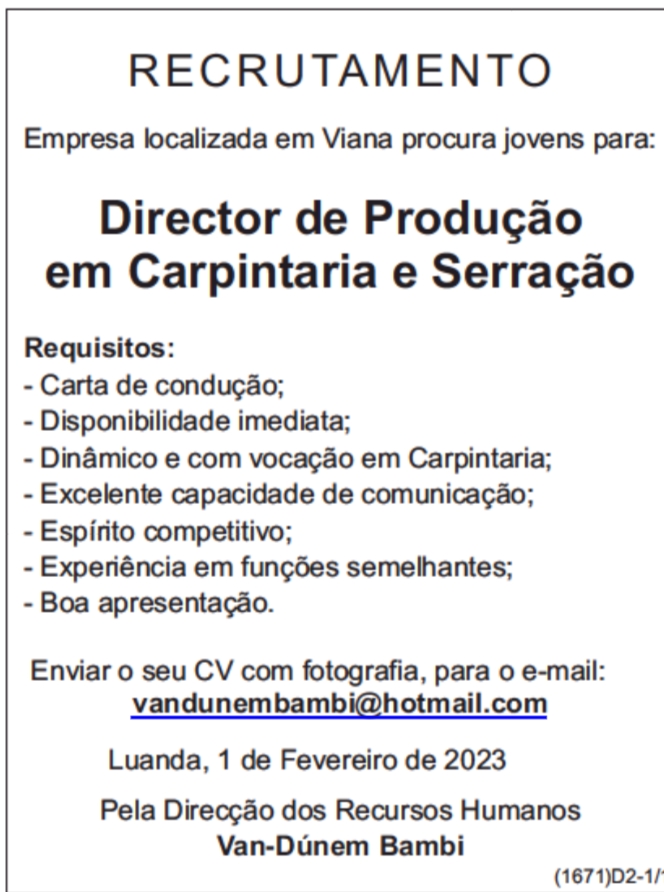Vaga para Director de Produção em Carpintaria & Serração 