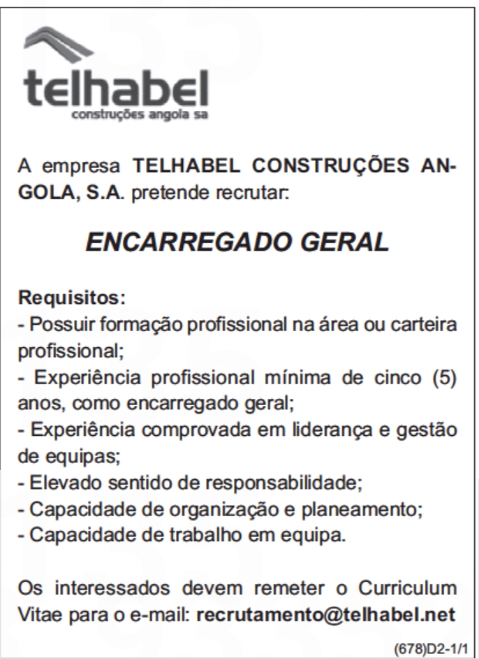 VAGA PARA ENCARREGADO GERAL 