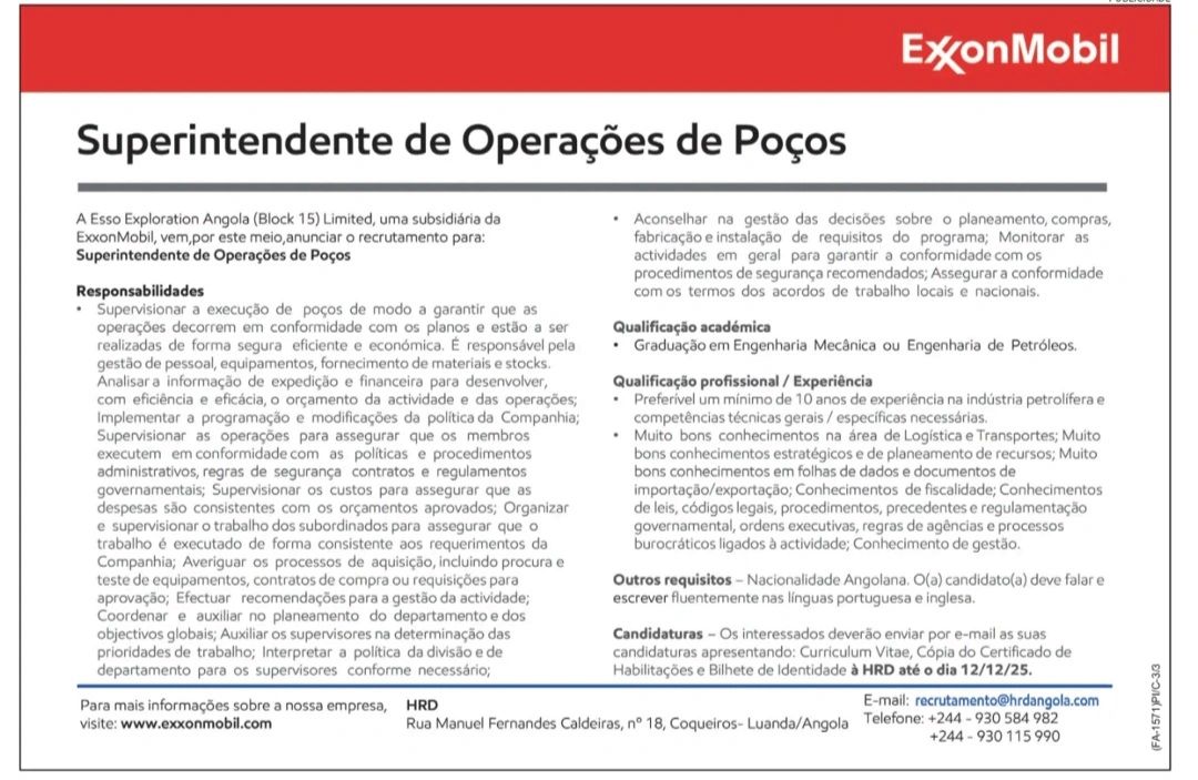 Vaga para Superintendente de Operações de Poços
