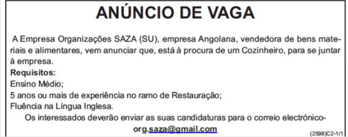 Vaga para um (1) Cozinheiro