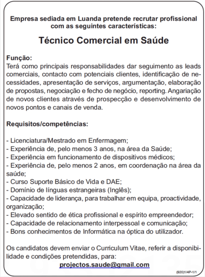 Vaga para Técnico Comercial em Saúde 