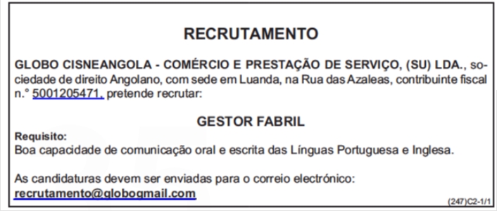 VAGA PARA GESTOR FABRIL