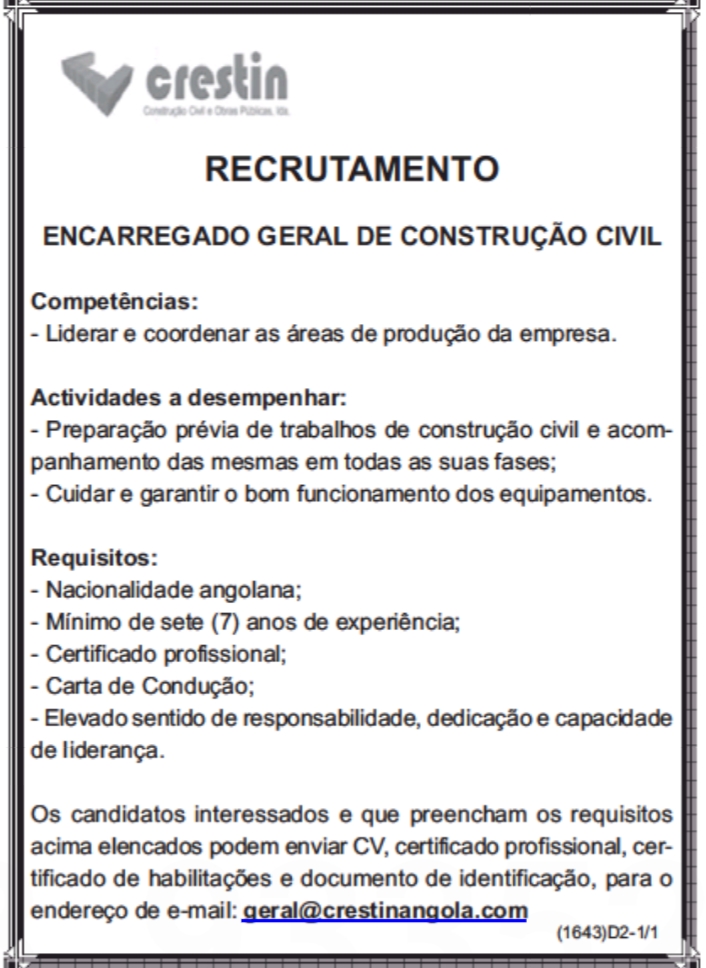 VAGA PARA ENCARREGADO GERAL DE CONSTRUÇÃO CIVIL 