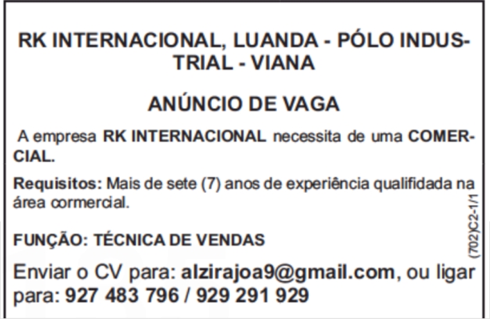 VAGA PARA UMA (1) COMERCIAL