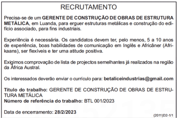 VAGA PARA GERENTE DE CONSTRUÇÃO DE OBRAS DE ESTRUTURA METÁLICA