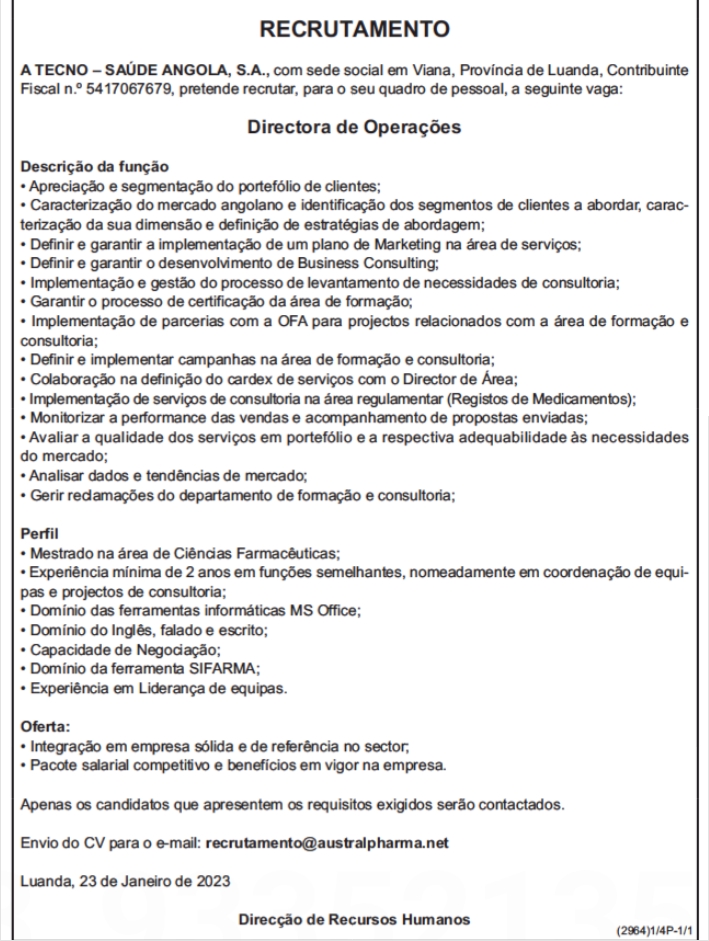 Vaga para Directora de Operações 