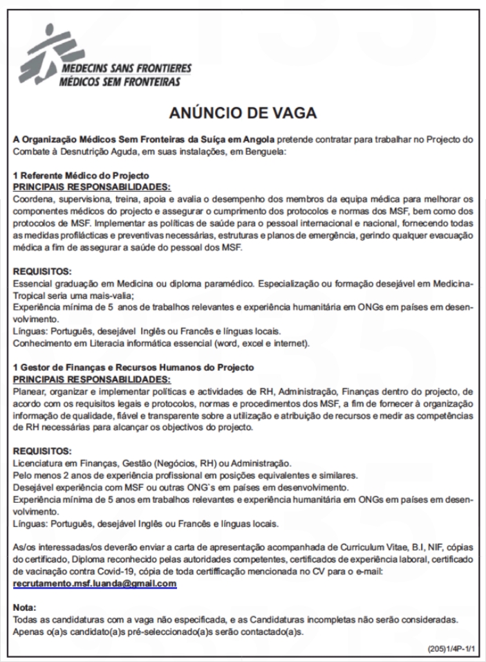 Oportunidade para Referente Médico do Projecto &  Gestor de Finanças e Recursos Humanos do Projecto 
