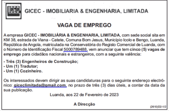 CINCO (5) VAGAS DISPONÍVEIS NA GICEC - IMOBILIÁRIA & ENGENHARIA" LIMITADA