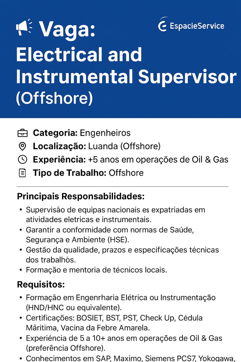 Vaga para Electrical and Instrumental Supervisor (Offshore)