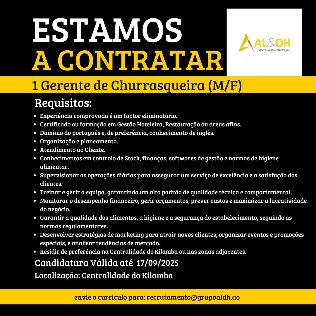 Vaga para Gerente de Churrasqueira (M/F)