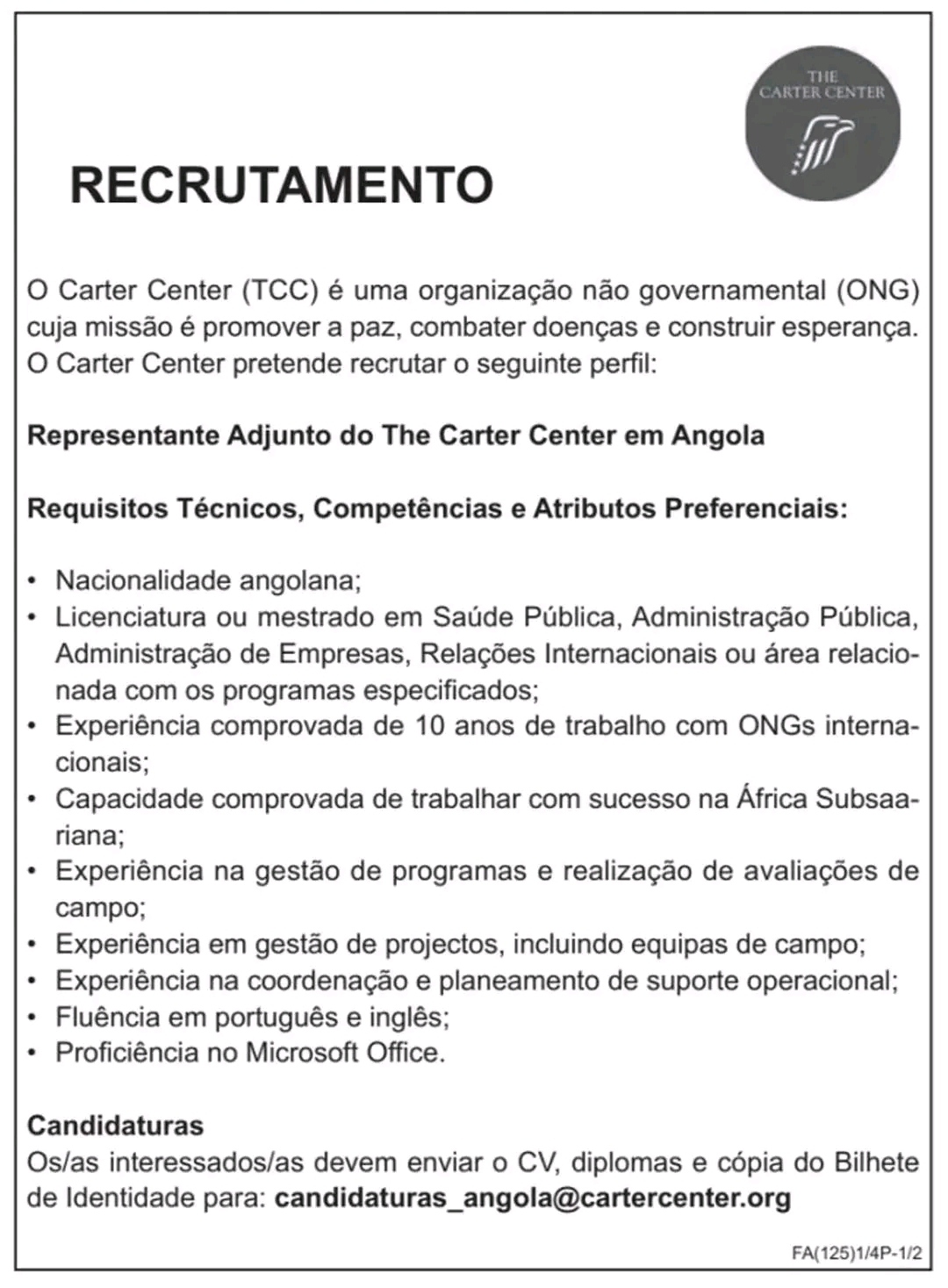 Vaga para Representante Adjunto em Angola