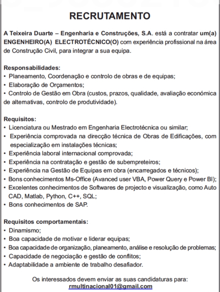 VAGA PARA UM(A) ENGENHEIRO(A) ELECTROTÉCNICO(0) 