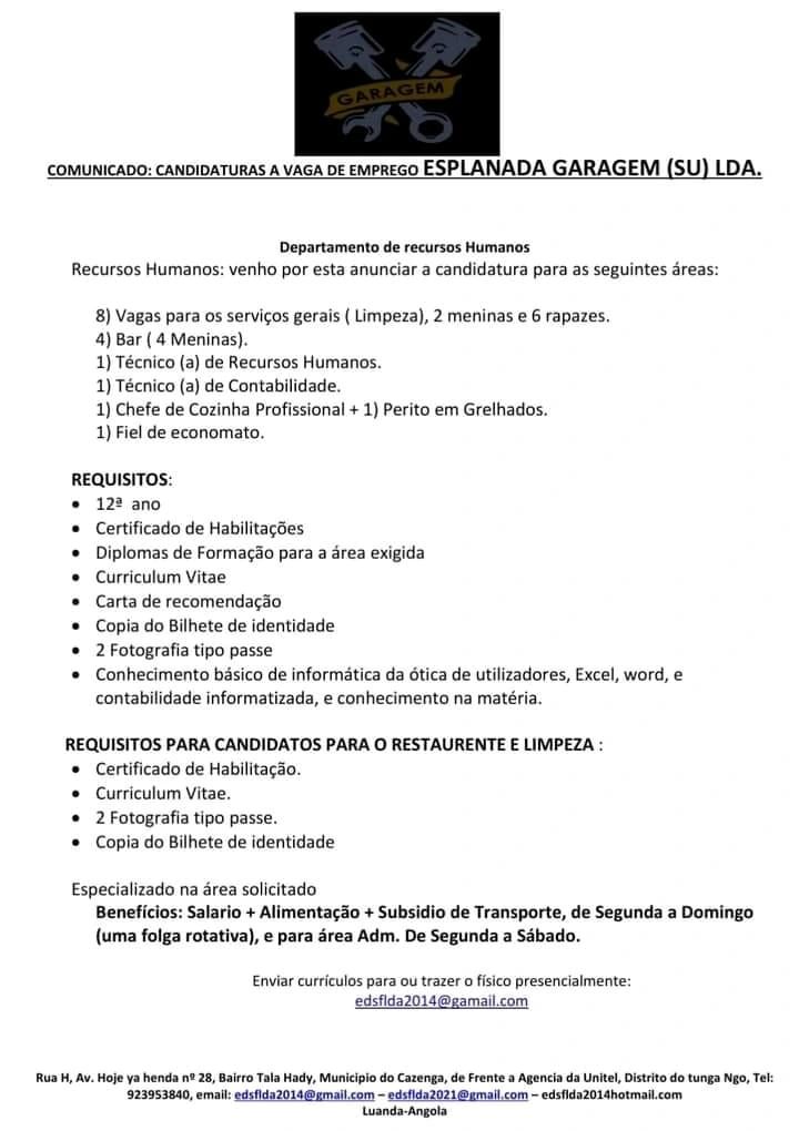 Dezasseis (16) Vagas para Limpeza, Bar, RH, Contabilidade e Outros