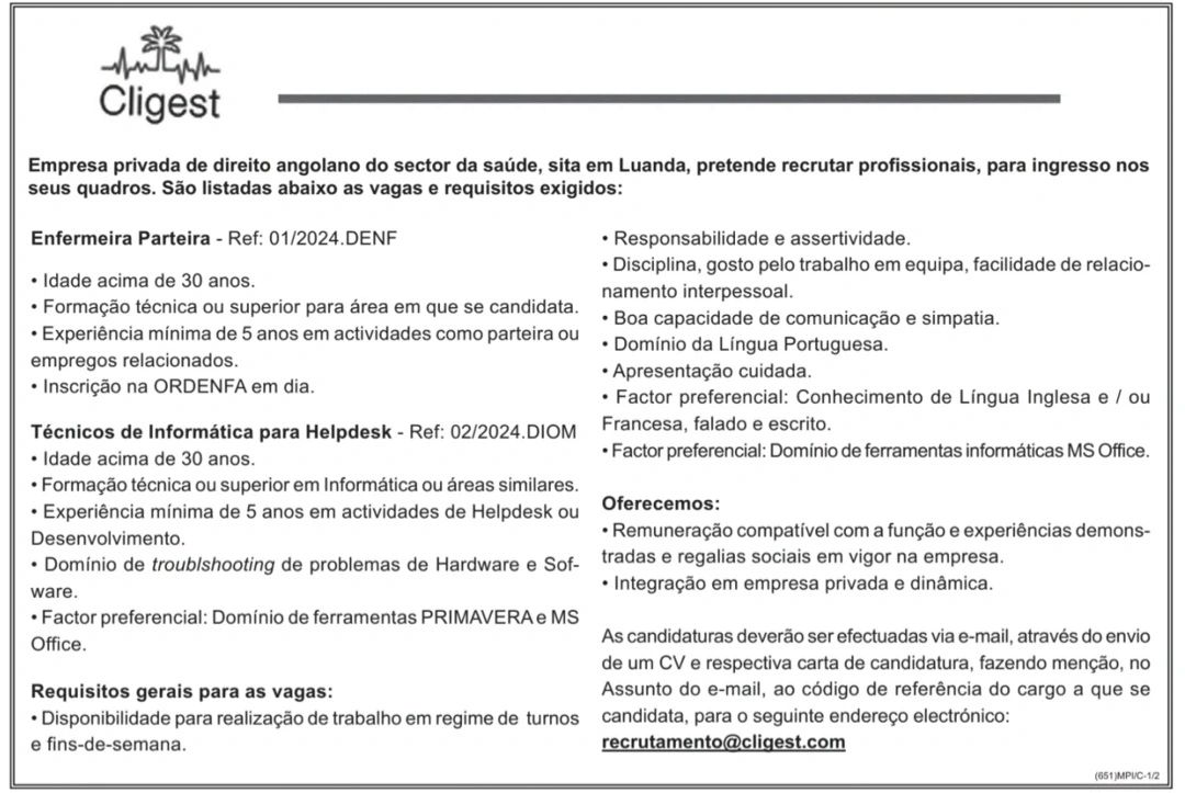 Vaga para Enfermeira Parteira e Técnicos de Informática