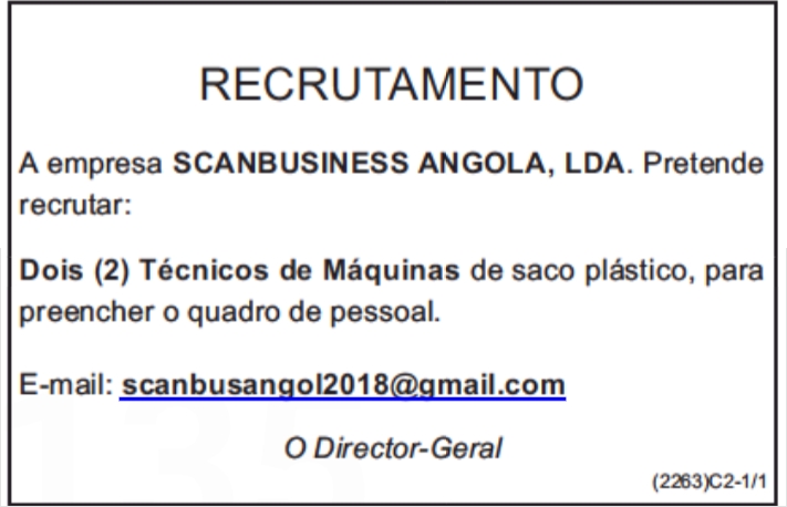 Oportunidade para dois (2) Técnicos de Máquinas de saco plástico