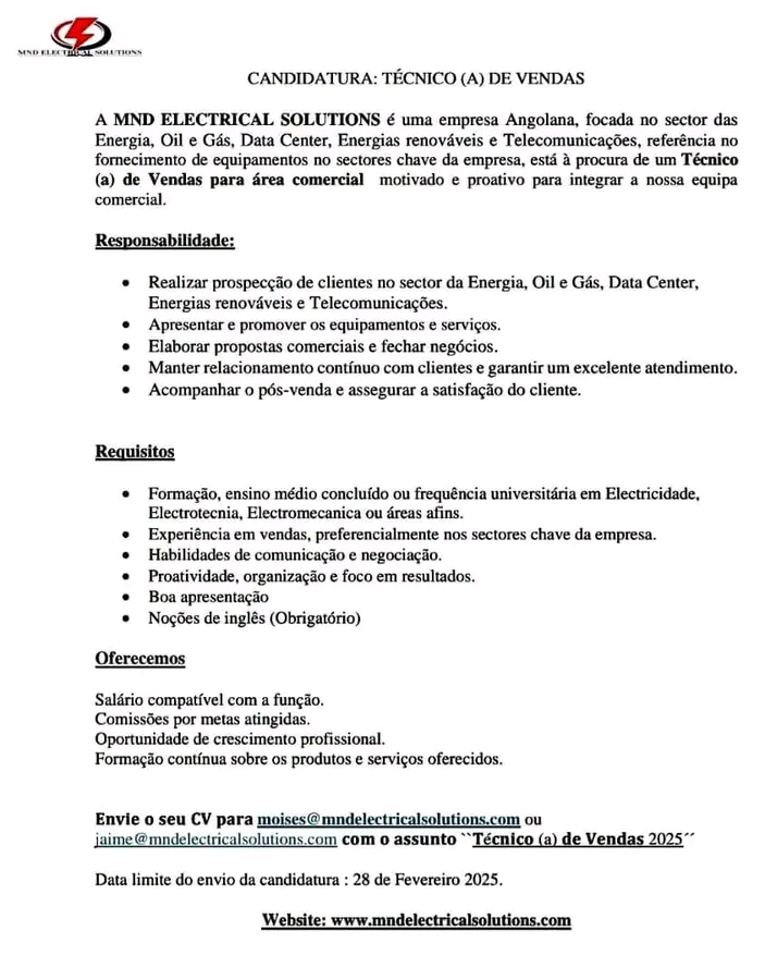 VAGA PARA TÉCNICO (A) DE VENDAS