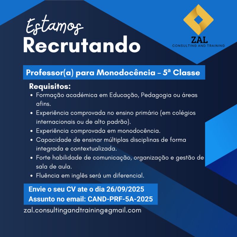 Vaga para Professor(a) para Monodocência – 5ª Classe