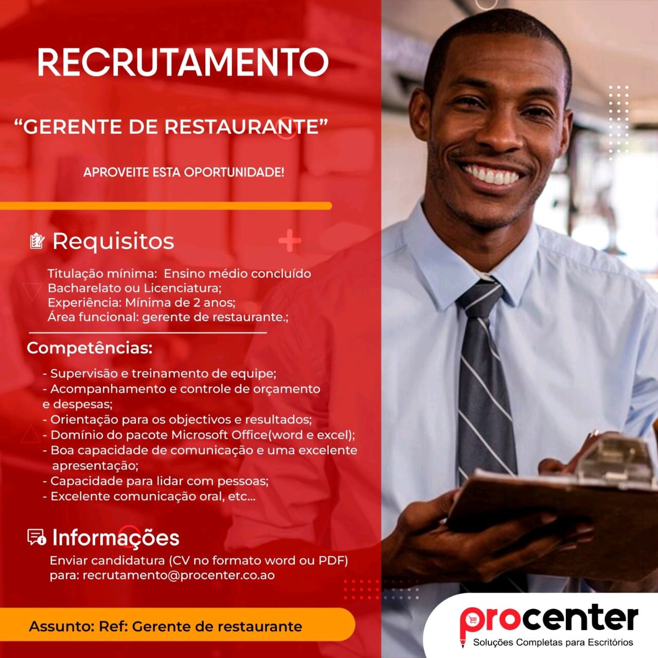 VAGA PARA GERENTE DE RESTAURANTE