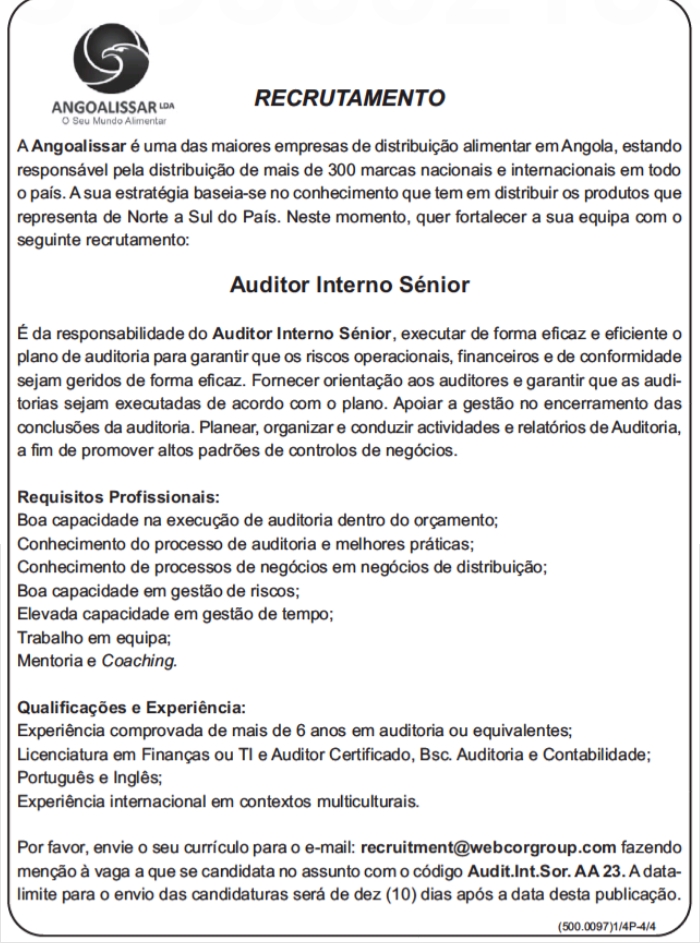 VAGA PARA AUDITOR INTERNO SÊNIOR