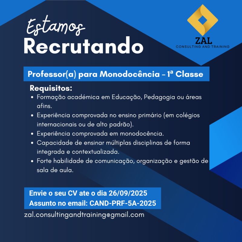 Vaga para Professor(a) para Monodocência – 1ª Classe