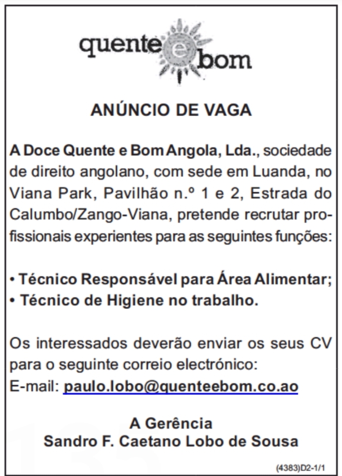 Vaga para Técnico Responsável para Área Alimentar &  Técnico de Higiene no trabalho