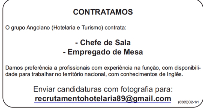 Duas(2) vagas abertas no grupo Angolano (Hotelaria e Turismo) 