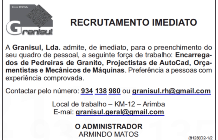 OPORTUNIDADE DE EMPREGO NA GRANISUL, LDA