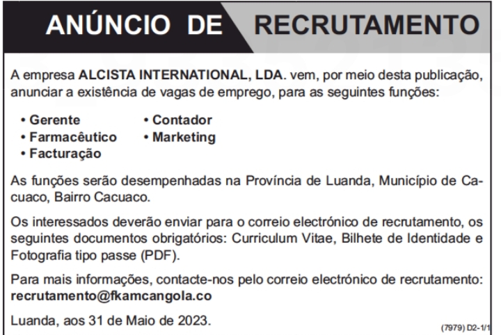 Abertas Cinco5 Vagas Na Alcista International Lda Empregos Yoyota Angola Vagas De Emprego 