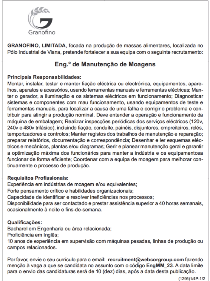 Vaga para Eng.° de Manutenção de Moagens 