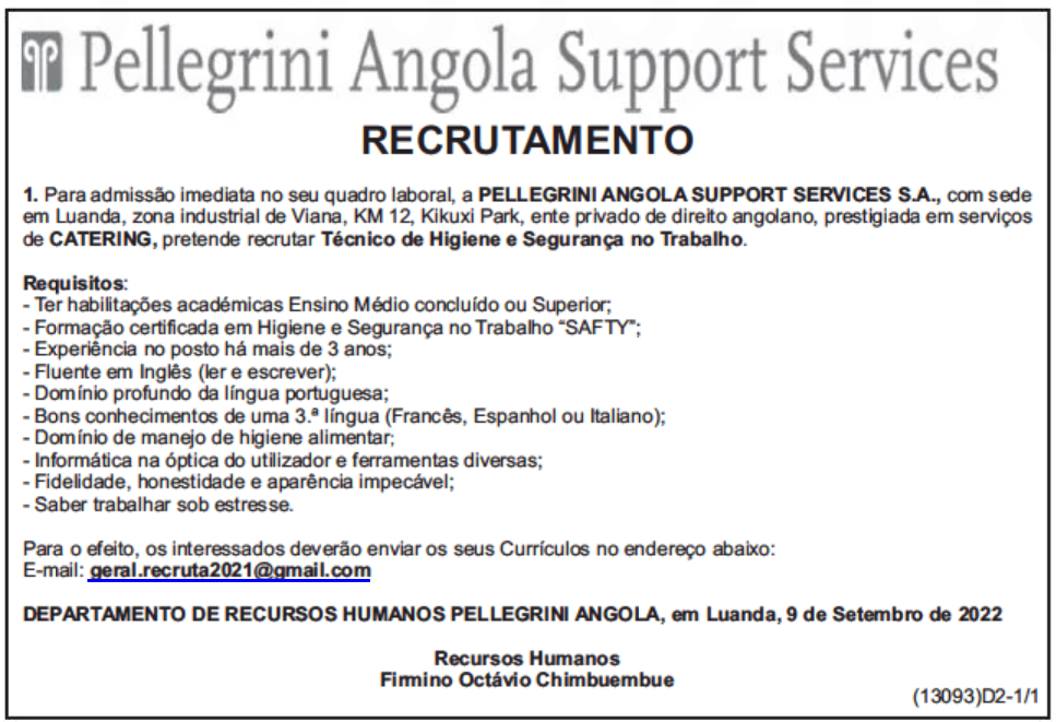 VAGA PARA TÉCNICO DE HIGIENE E SEGURANÇA NO TRABALHO