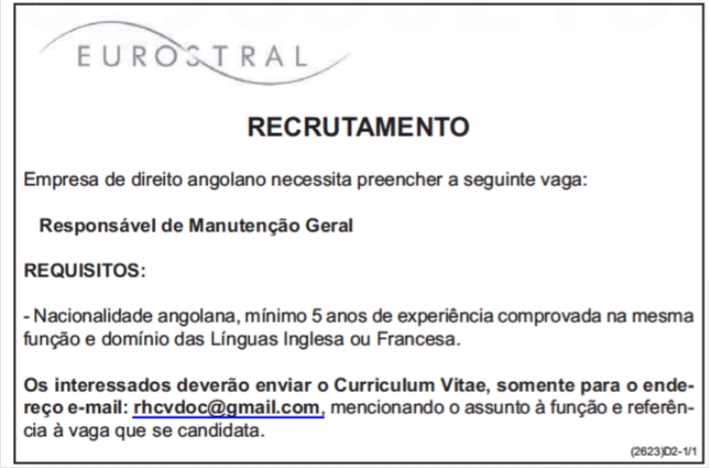 Vaga para Responsável de Manutenção Geral 