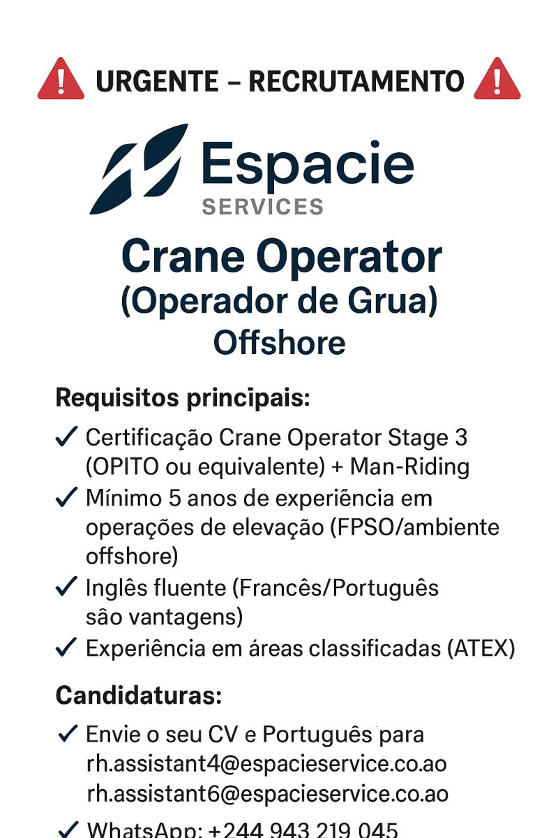 Espacie Services está a recrutar Crane Operator (Operador de Grua) – Offshore