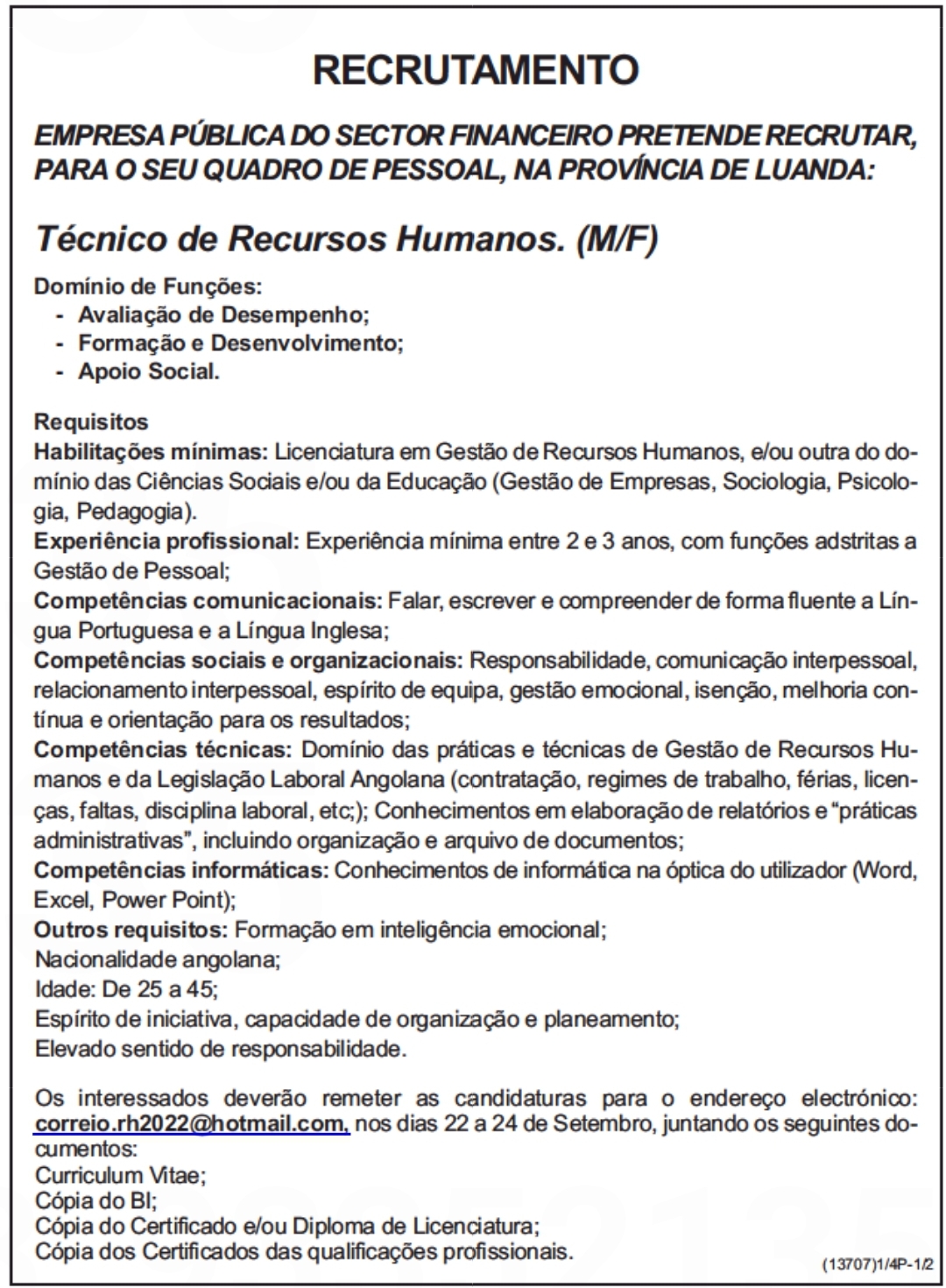 Vaga para Técnico de Recursos Humanos (M/F) em Empresa Pública